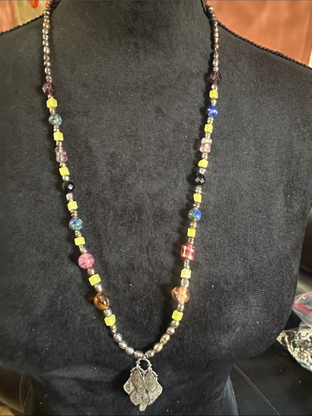Fresh water pearl Multicolor Beaded Necklace with Silver Leaf Pendant